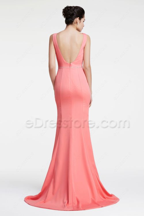 Coral Mermaid Backless Prom Dresses Long