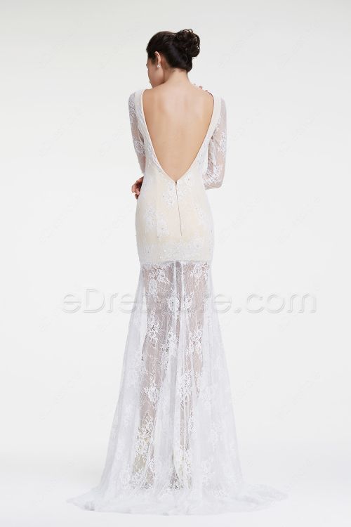 White Lace Backless Prom Dresses Long Sleeves