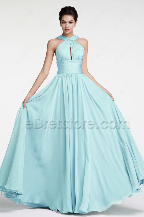 Light Blue Flowing Chiffon Long Prom Dresses