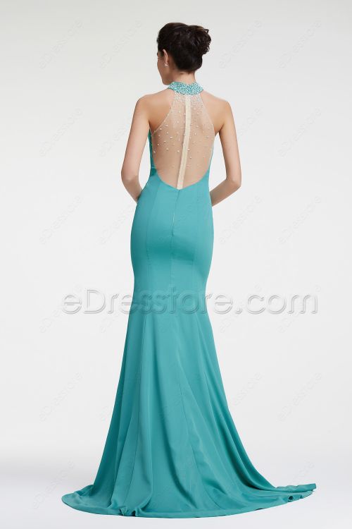 Dusty Green Halter Mermaid Backless Prom Dresses Evening Dress