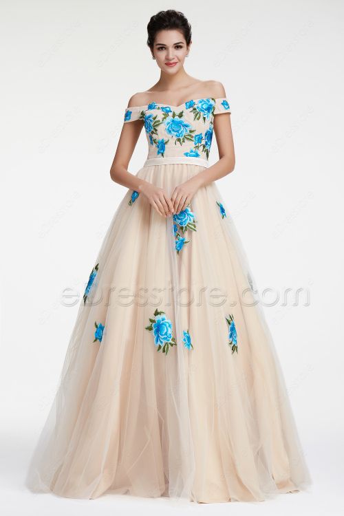 Off the Shoulder Ball Gown Prom Dress with Embroidery
