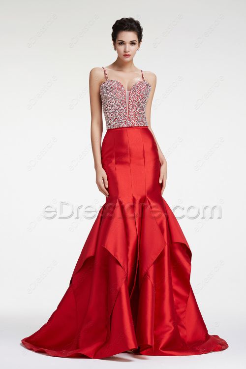 Red Mermaid 2 pieces Crystal Sparkly Prom Dress with Slit