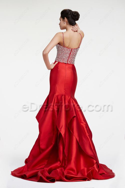 Red Mermaid 2 pieces Crystal Sparkly Prom Dress with Slit