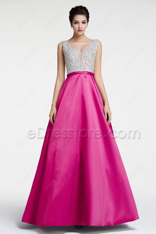 Beaded Crystal Hot Pink Evening Dresses