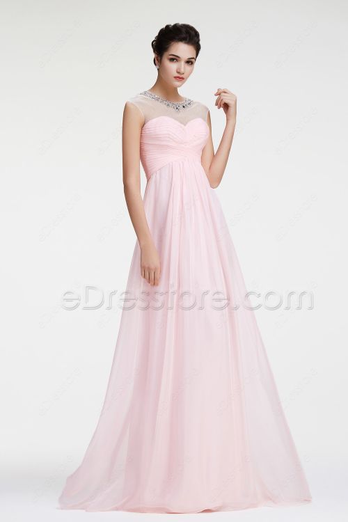 Crystals Light Pink Prom Dresses Capped Sleeves