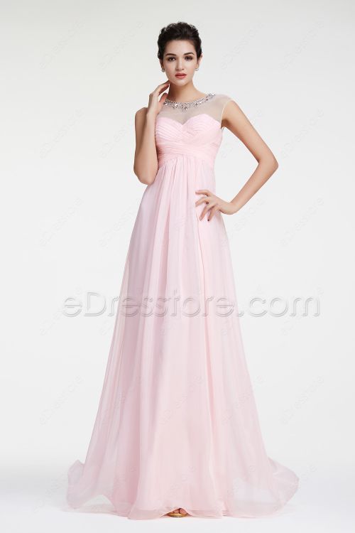 Crystals Light Pink Prom Dresses Capped Sleeves