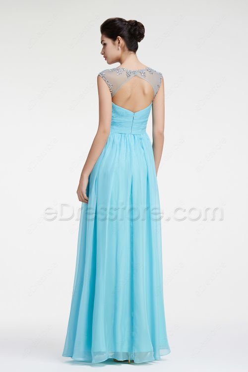 Light Blue Crystal Prom Dresses Long with Cap Sleeves