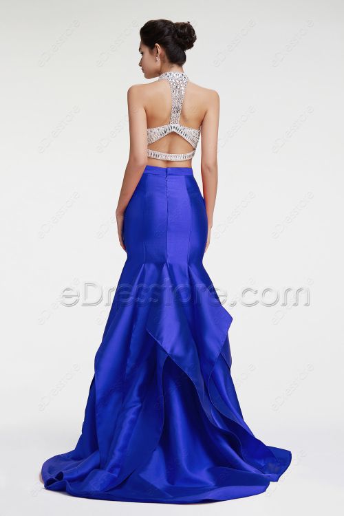 Sparkly Backless Royal BLue Two Piece Prom Dress