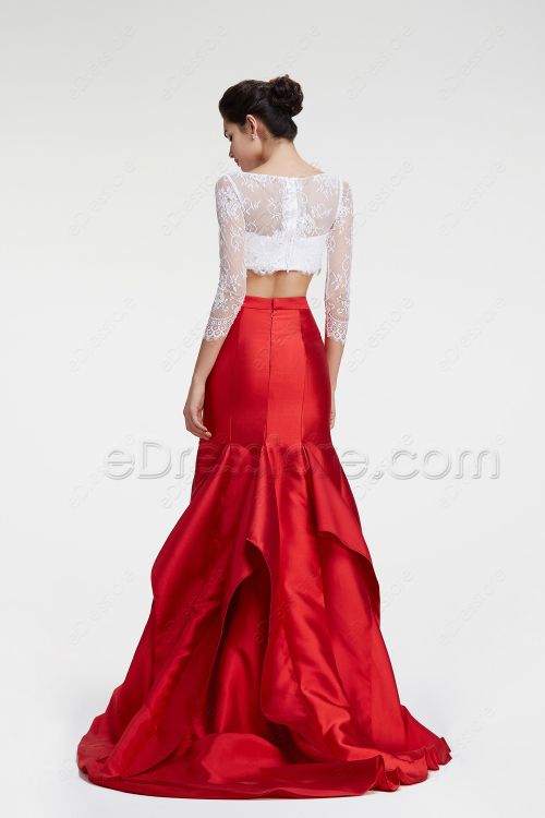 Red White Mermaid Two Piece Prom Dress Long Sleeves