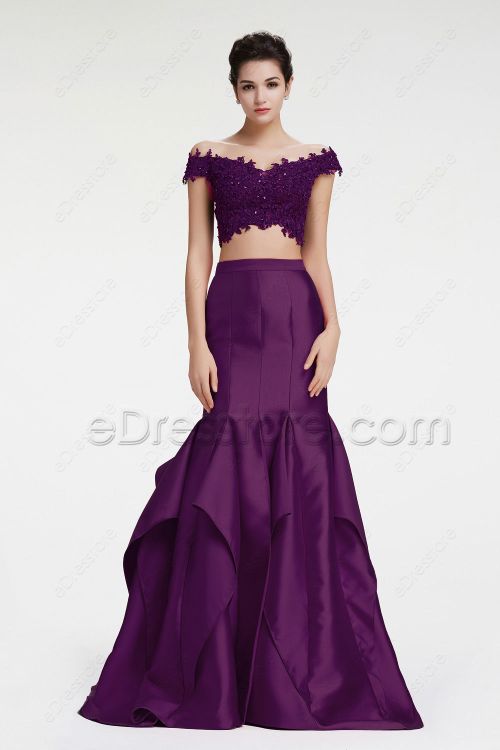 Purple Off the Shoulder Mermaid Two Piece Prom Dress with Slit