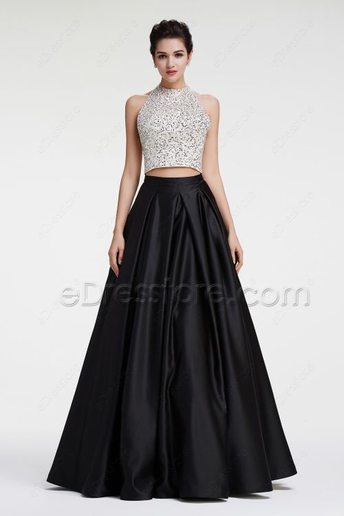 Black and White Beaded Sparkly Ball Gown Two Piece Prom Dresses