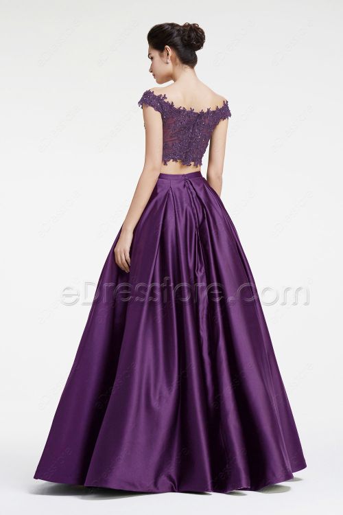 Purple Two Piece Off the Shoulder Pageant Evening Dress Prom Dress