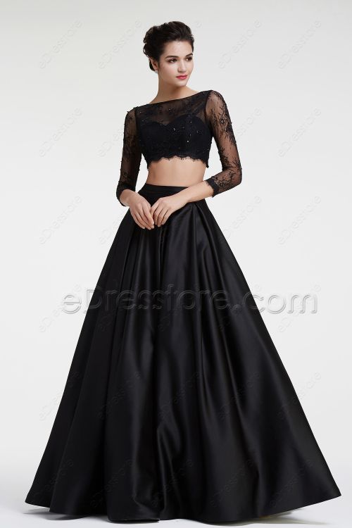Black Lace Two Pieces Prom Dresses Long Sleeves