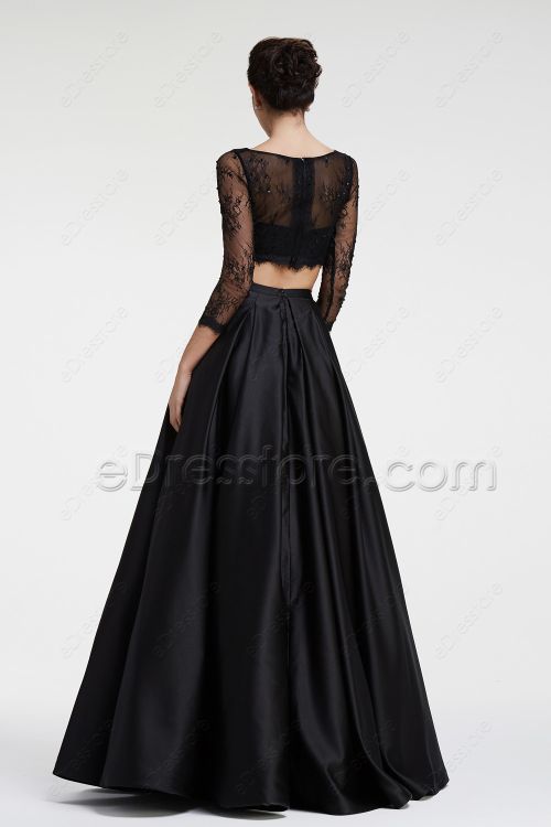 Black Lace Two Pieces Prom Dresses Long Sleeves