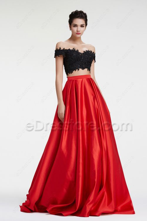 Off the Shoulder Black Red Two Piece Prom Dress Long