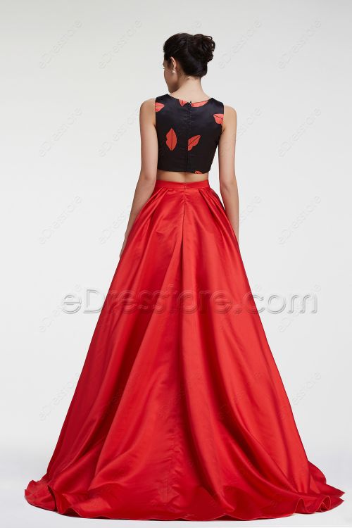 Red Printed Ball Gown Two Pieces Prom Dresses