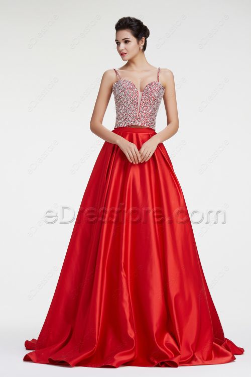 Crystal Beaded Sparkly Ball Gown Prom Dress Two Piece