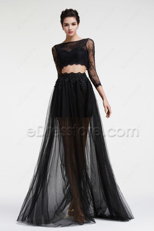 Black Lace Sparkly Two Piece Prom Dresses Long Sleeves