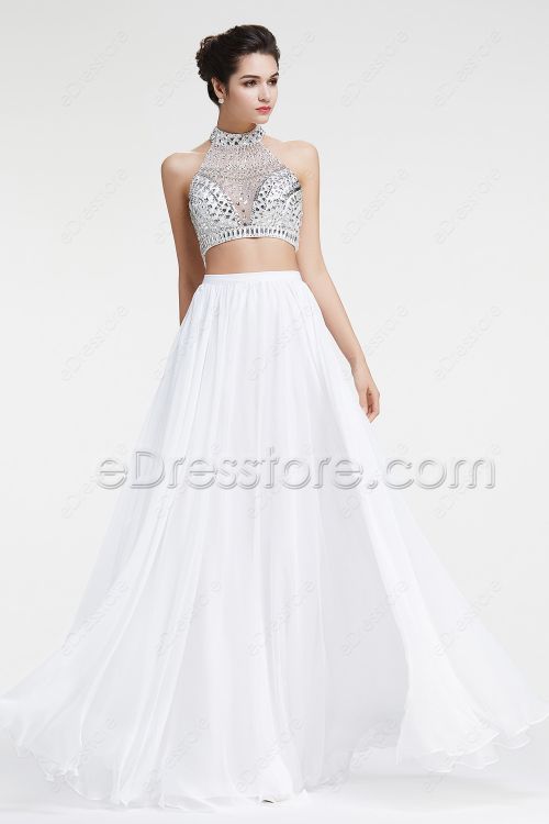 White Crystals Sparkly Two Piece Prom Dresses Long