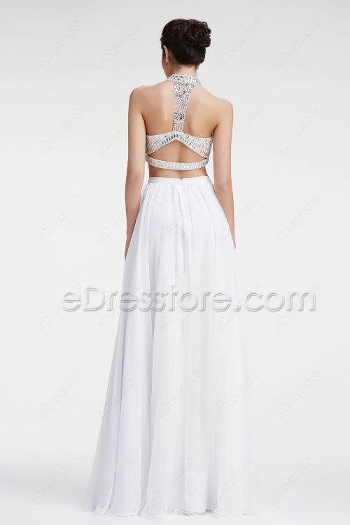 White Crystals Sparkly Two Piece Prom Dresses Long