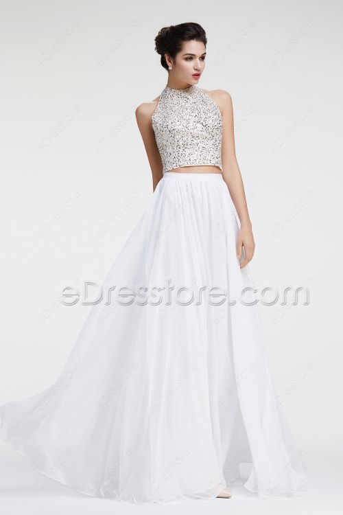 Halter Sparkly White Two Piece Prom Dress Long