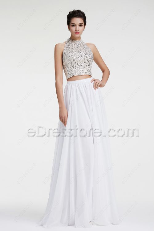 Halter Sparkly White Two Piece Prom Dress Long