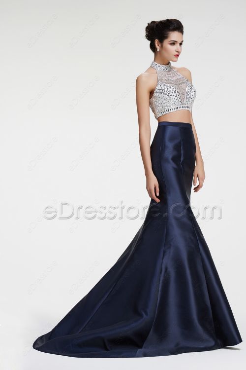 Navy Blue Mermaid Two Piece Sparkle Prom Dresses