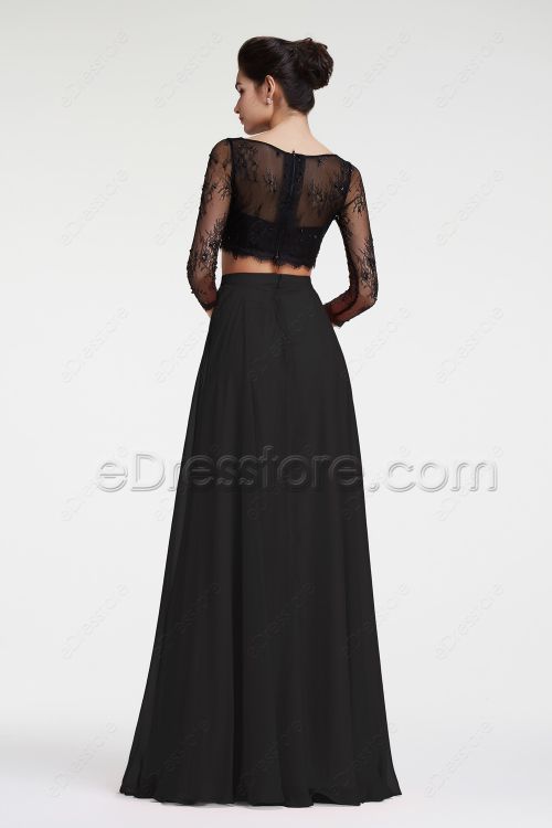 Two Piece Long Sleeves Prom Dresses Black