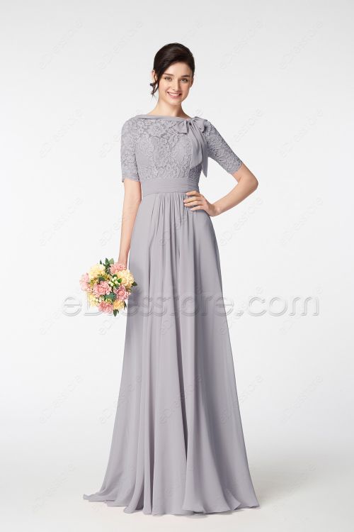 Grey Lace Modest Mother of the Bride Dress with Elow Sleeves