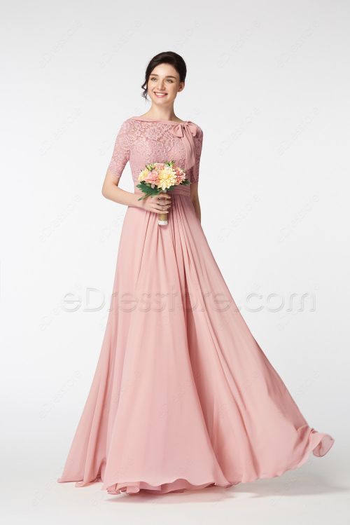 Modest Lace Blush Bridesmaid Dresses with Sleeves Bow