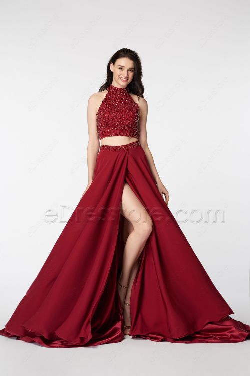 Beaded High Neck Two Piece Burgundy Prom Dress with Slit