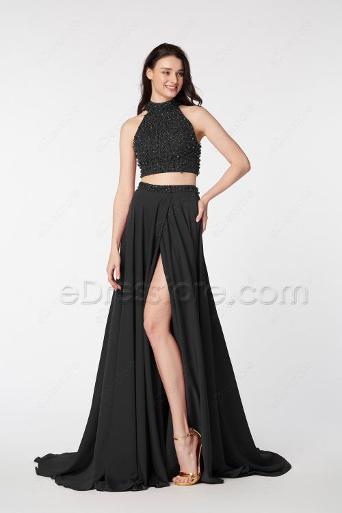 Black Two Piece Beaded Pageant Evening Dress