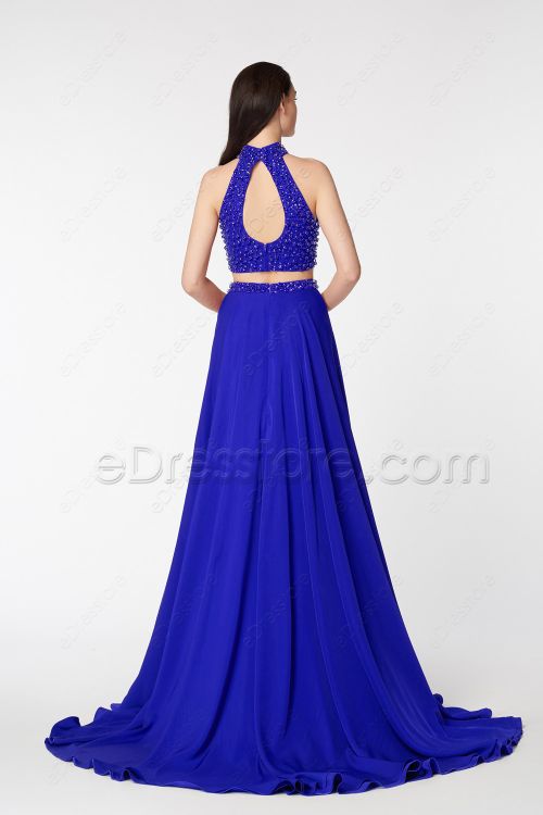 Royal Blue Two Piece Beaded Prom Dresses with Slit