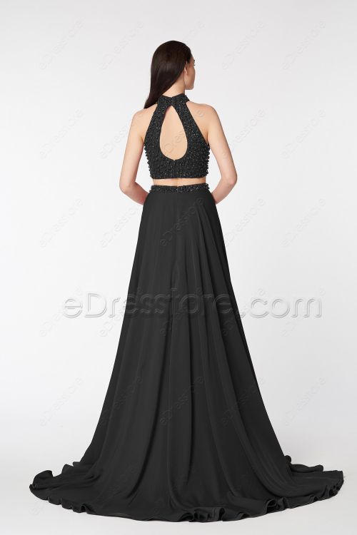 Black Two Piece Beaded Pageant Evening Dress