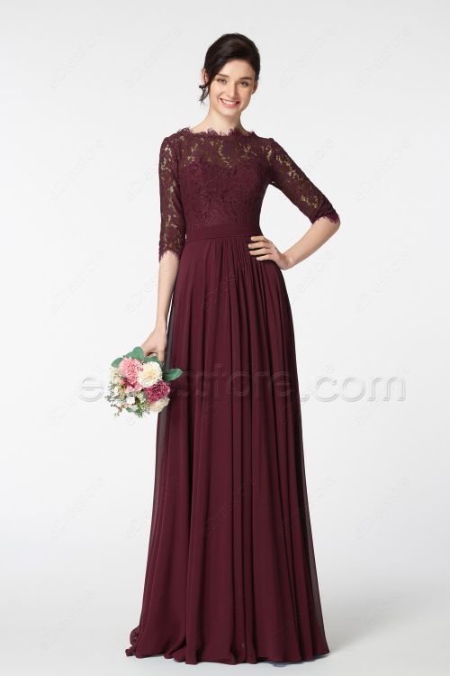 Modest Dark Burgundy Prom Dress Long Sleeves