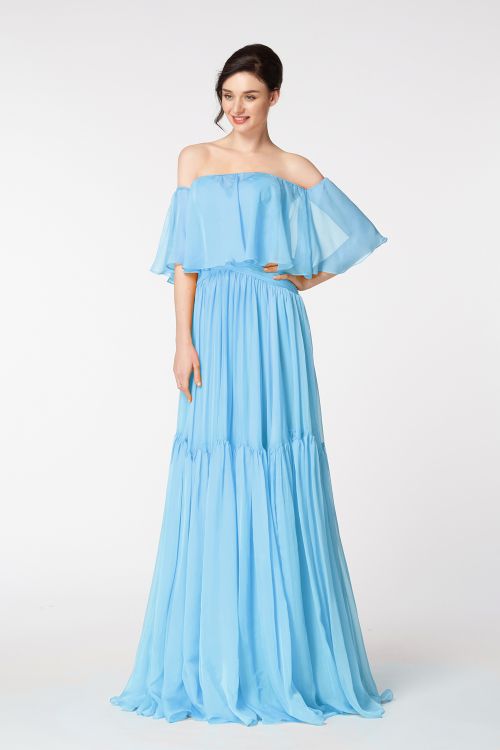 Light Blue Evening Dress with Off the Shoulder Wrap