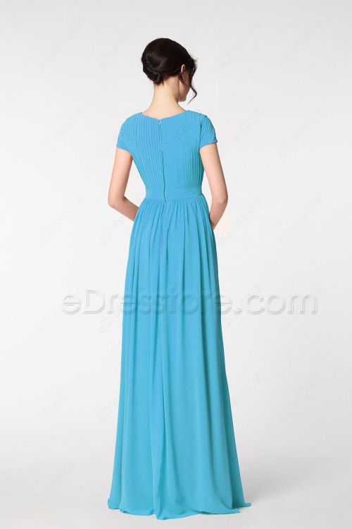 Sky Blue Modest Prom Dresses Long with Cap Sleeves