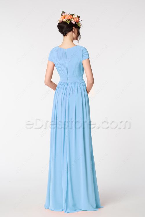 Light Blue Modest Prom Dresses Short Sleeves
