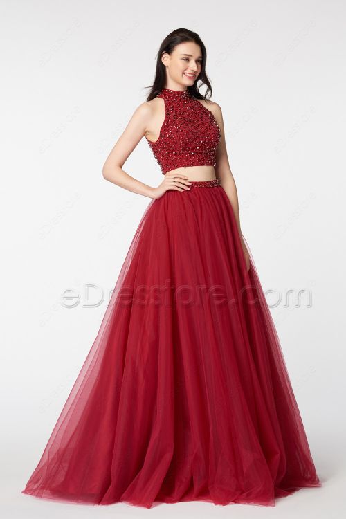 Crystals Sparkly Two Piece Ball Gown Burgundy Prom Dress Long