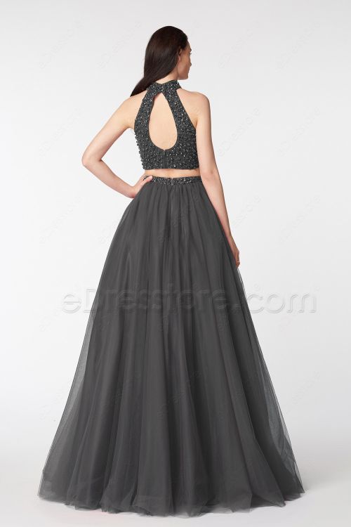 Charcoal Grey Beaded Sparkle Two Piece Prom Dresses