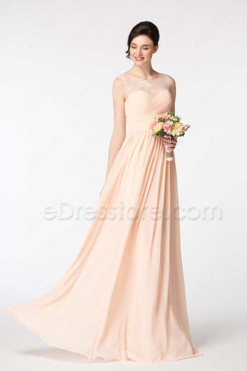 Lace Illusion Peach Bridesmaid Dresses Long