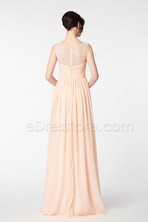 Lace Illusion Peach Bridesmaid Dresses Long