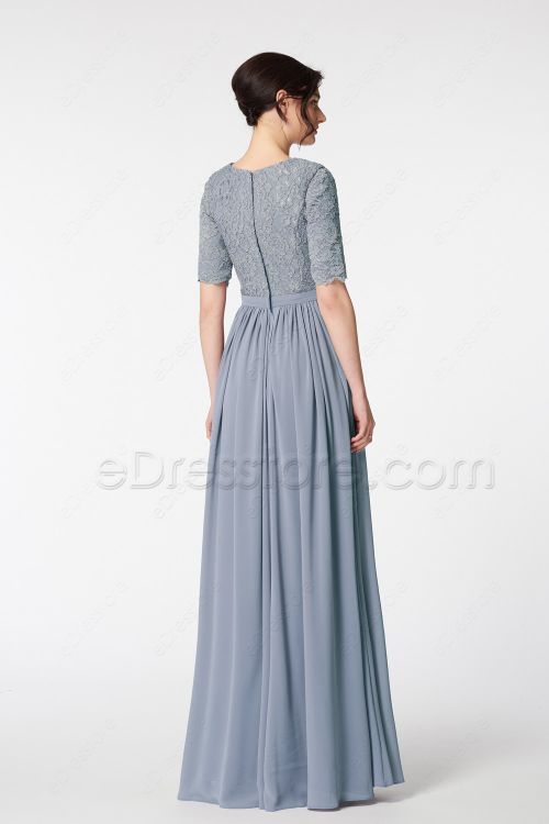Dusty Blue Modest Bridesmaid Dress with Sleeves