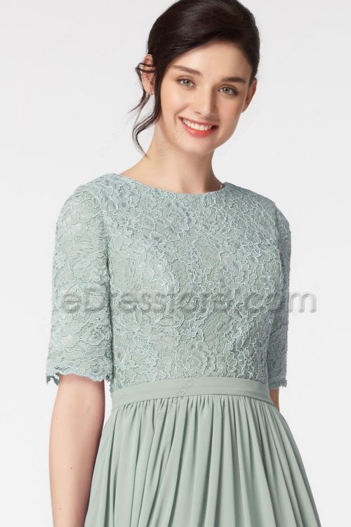 Modest Lace Chiffon Sage Green Bridesmaid Dresses with Sleeves