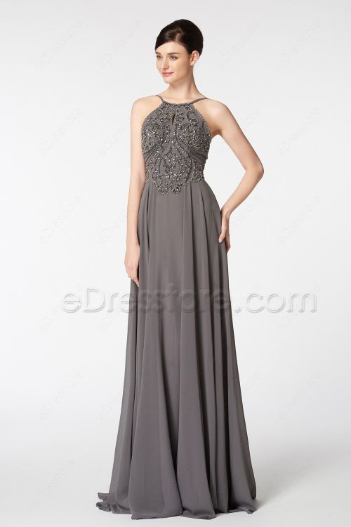 Halter Beaded Sparkle Backless Charcoal Grey Prom Dresses