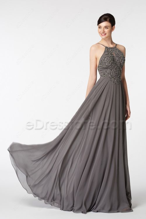 Halter Beaded Sparkle Backless Charcoal Grey Prom Dresses
