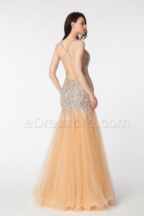Crystals Beaded Sparkly Mermaid Backless Prom Dresses Long