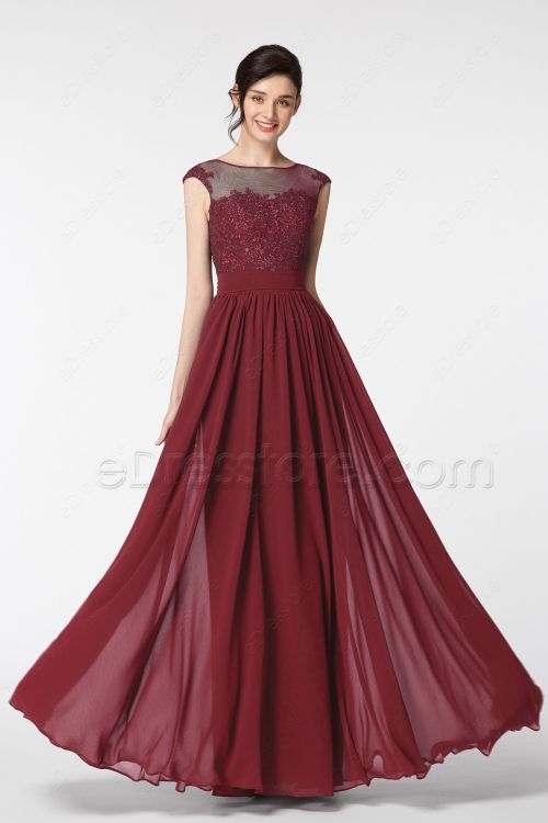 Modest Lace Burgundy Prom Dresses Long
