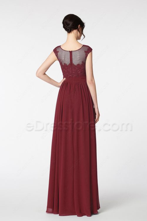 Modest Lace Burgundy Prom Dresses Long