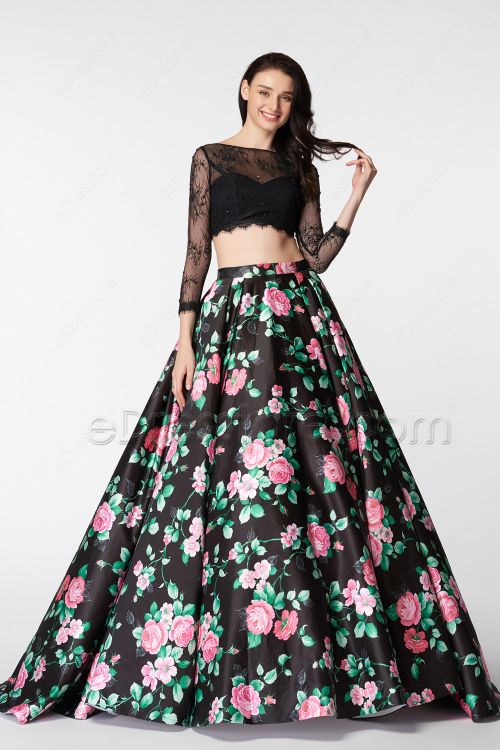 Black Floral Ball Gown Two Piece Prom Dresses Long Sleeves